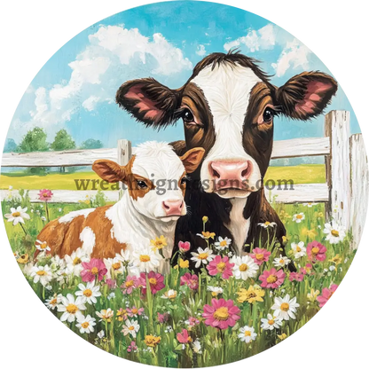 Spring Cows And Flowersmetal Wreath Sign 8’’