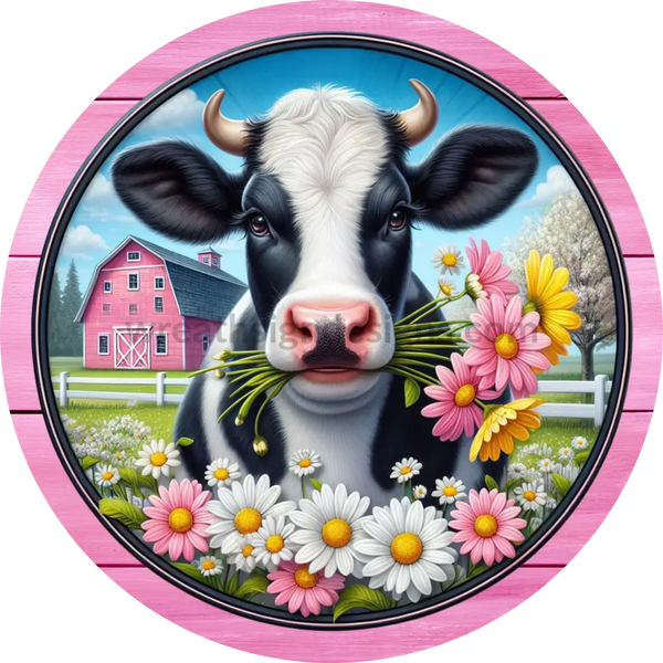Spring Daisy Cow- Round Metal Wreath Sign 6’