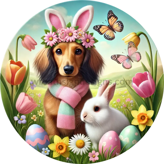 Spring Easter Dachshund- Metal Wreath Sign