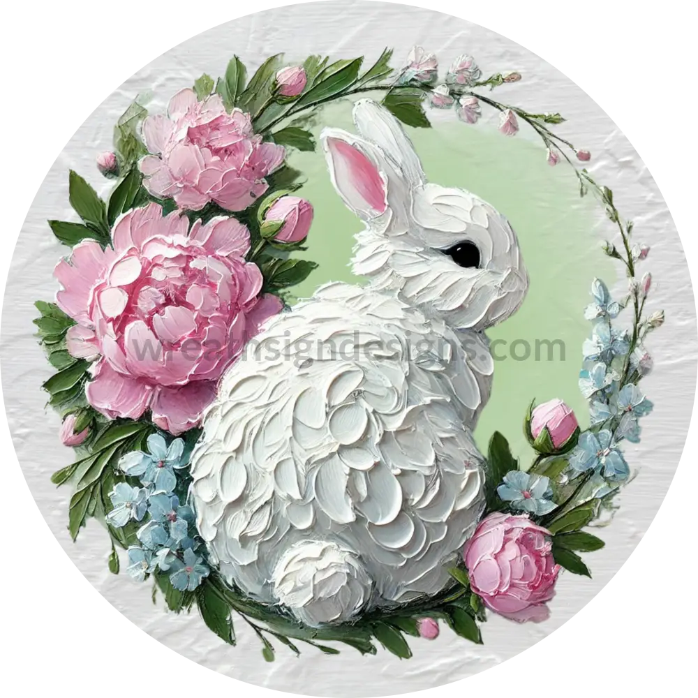 Spring Floral Bunny- Round Metal Easter Wreath Sign 10’’