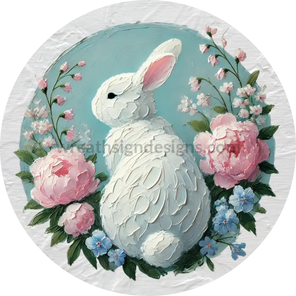 Spring Floral Bunny- Round Metal Easter Wreath Sign 6’’