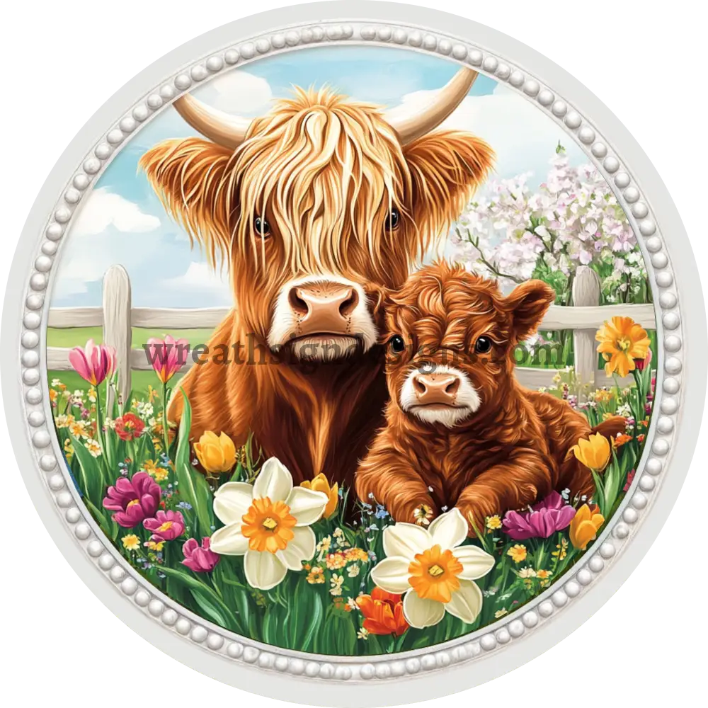 Spring Highland Cows And Flowers Metal Wreath Sign 10’’