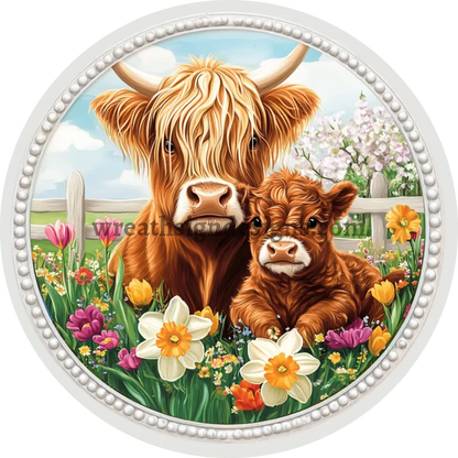 Spring Highland Cows And Flowers Metal Wreath Sign 10’’