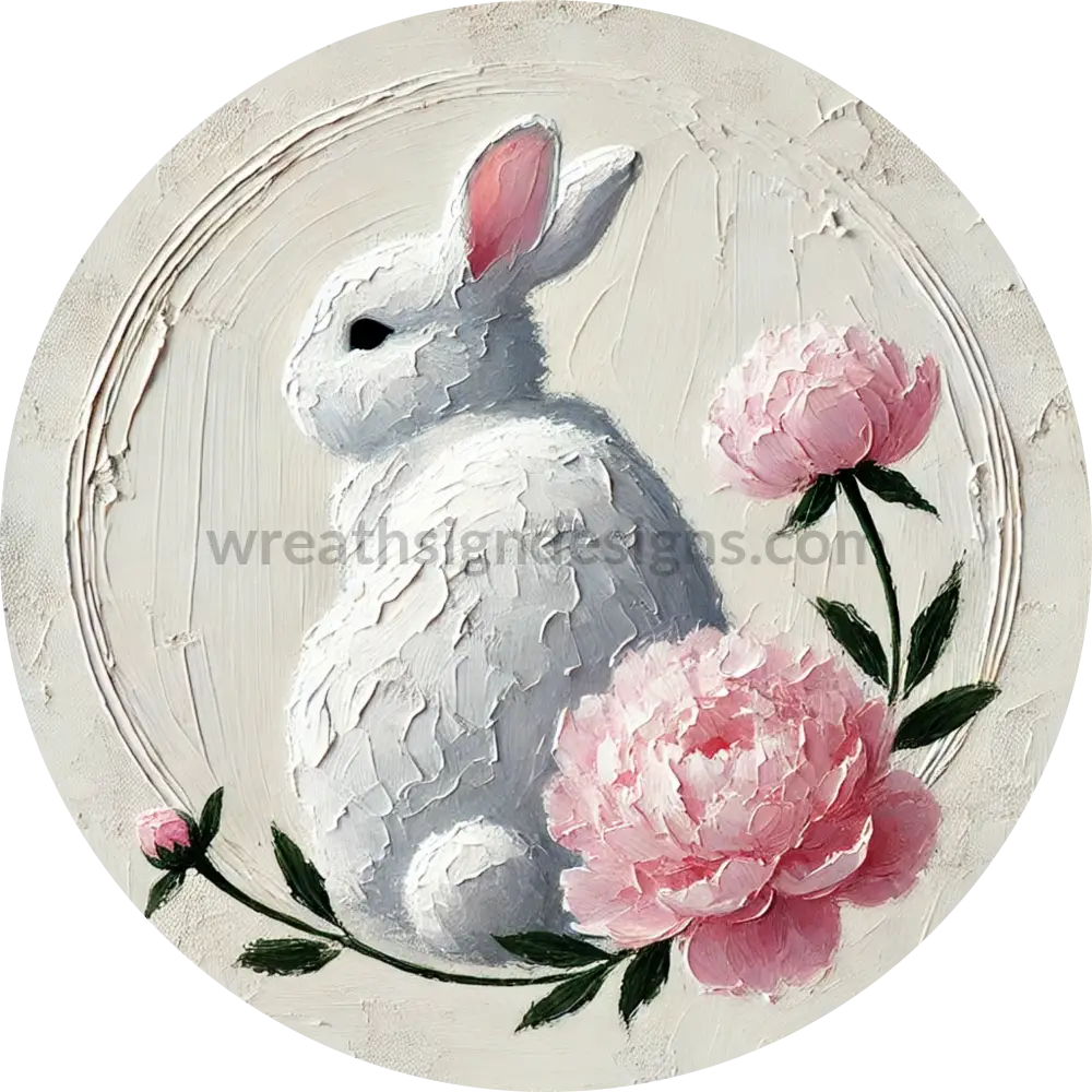 Spring Peonies Bunny- Round Metal Easter Wreath Sign