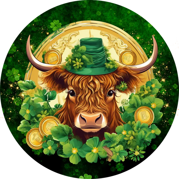 St Patricks Day Highland Cow Round Metal Sign 6