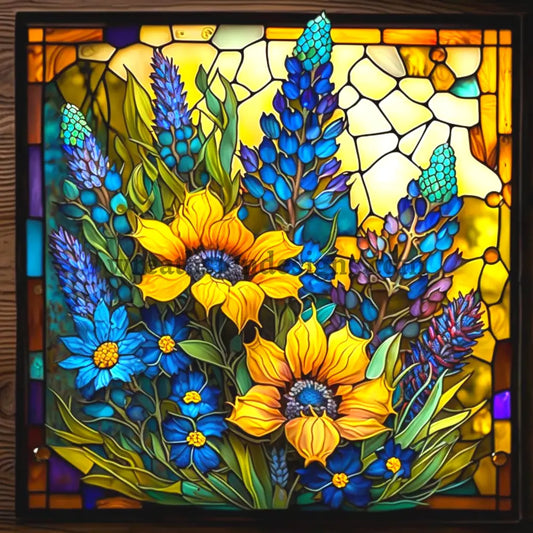 Stained Glass Blue Bonnets And Sunflowers- Square Metal Wreath Sign 8