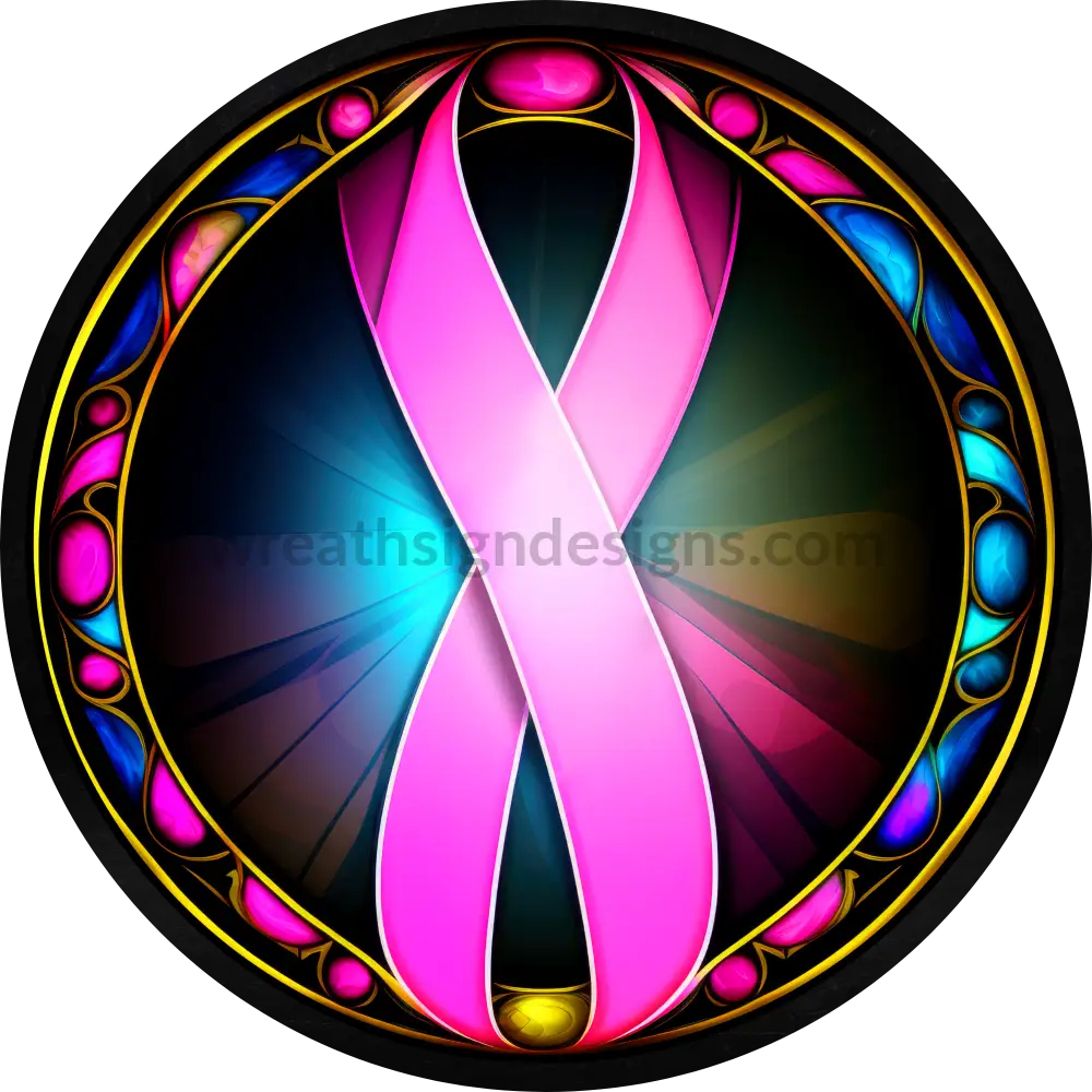 Stained Glass Breast Cancer Awareness Round Metal Wreath Sign 6