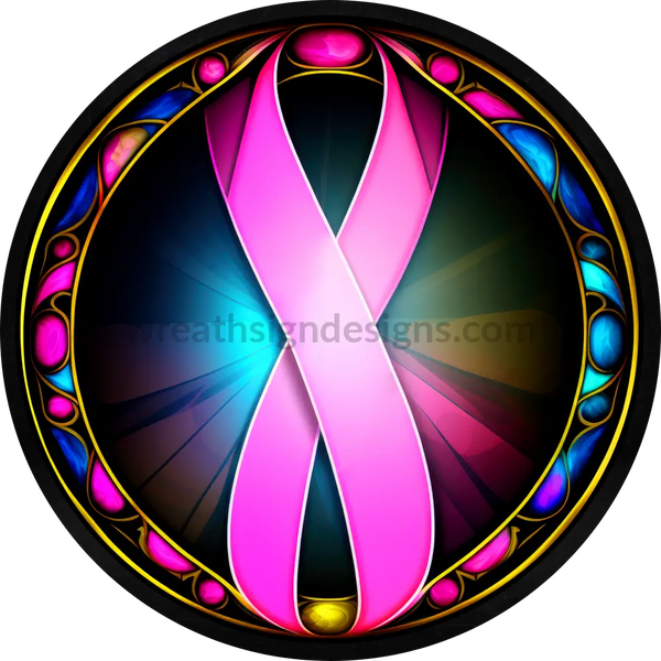 Stained Glass Breast Cancer Awareness Round Metal Wreath Sign 6
