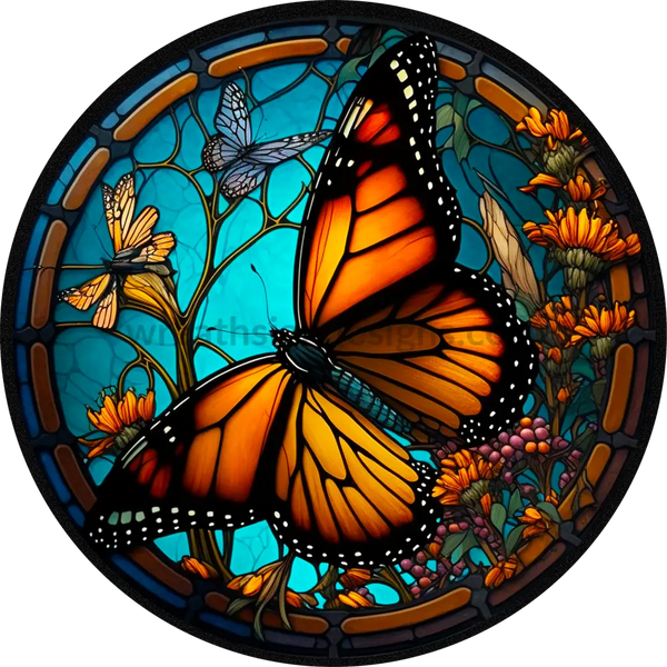 Stained Glass Butterfly- Round Metal Wreath Sign 8 Circle