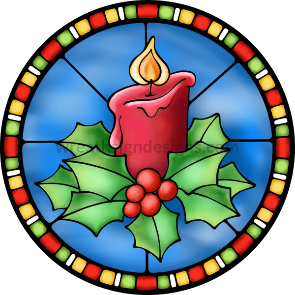 Stained Glass Christmas Candles- Round Metal Sign 8 Circle