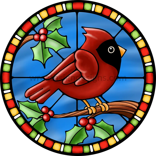 Stained Glass Christmas Cardinal- Round Metal Sign 8 Circle