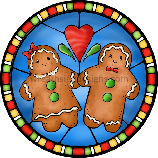 Stained Glass Christmas Gingerbread- Round Metal Sign 8 Circle
