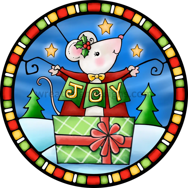 Stained Glass Christmas Mouse Joy- Round Metal Sign 8 Circle