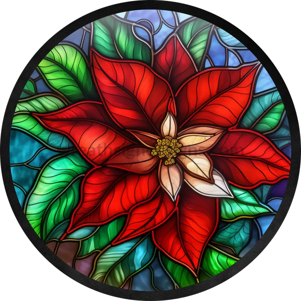 Stained Glass Christmas Poinsettia- Round Metal Sign 8 Circle