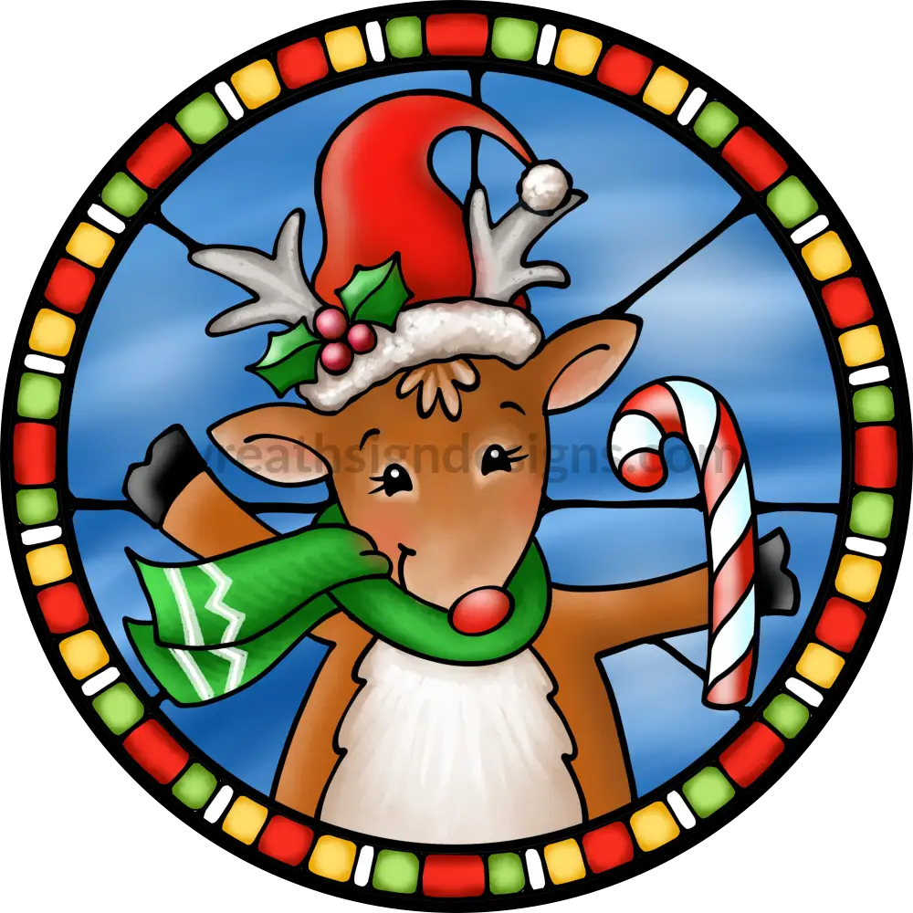 Stained Glass Christmas Reindeer- Round Metal Sign 8 Circle