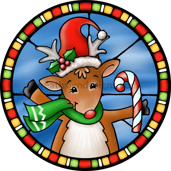 Stained Glass Christmas Reindeer- Round Metal Sign 8 Circle