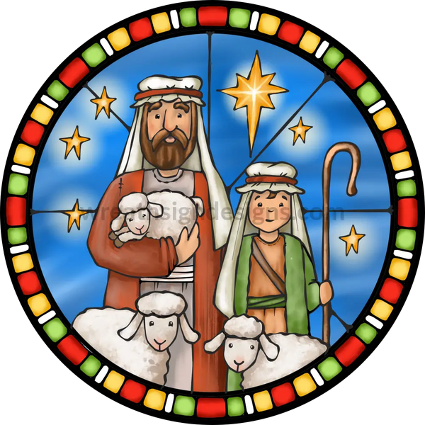 Stained Glass Christmas Shepherds And Their Flock- Sheep- Round Metal Sign 8 Circle
