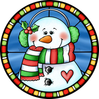 Stained Glass Christmas Winter Snowman- Round Metal Sign 8 Circle