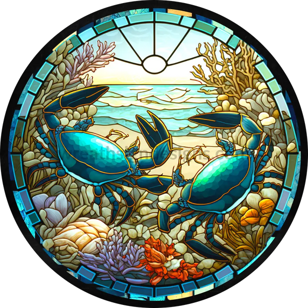 Stained Glass Crab- Round Metal Wreath Sign 6