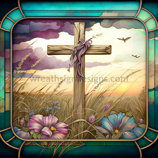 Stained Glass Cross- Square Church Metal Wreath Sign 8