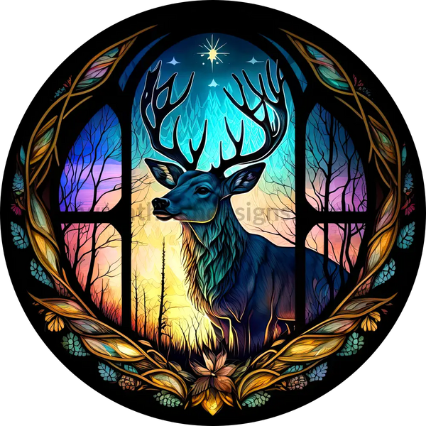 Stained Glass Deer- Round Metal Wreath Sign 6