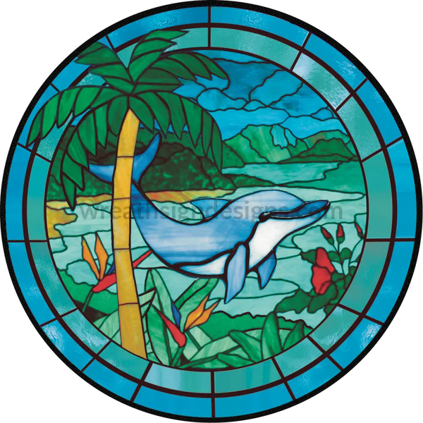 Stained Glass Dolphin- Round Metal Wreath Sign 6