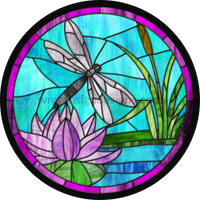 Stained Glass Dragonfly- Round Metal Wreath Sign 8 Circle