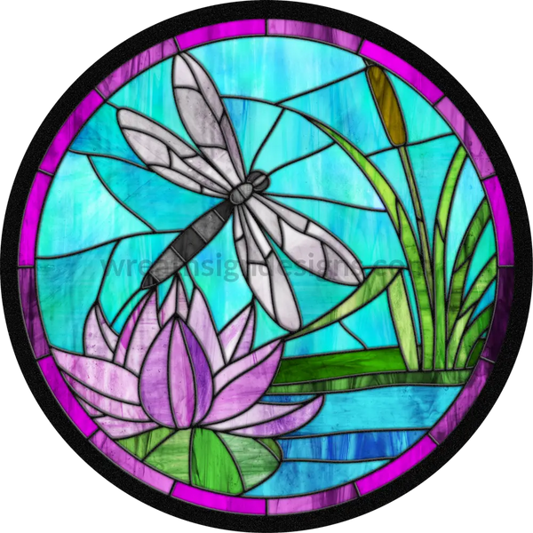 Stained Glass Dragonfly- Round Metal Wreath Sign 8 Circle
