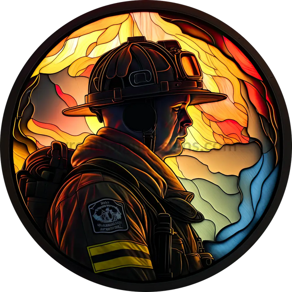 Stained Glass Firefighter- Round Metal Wreath Sign 6