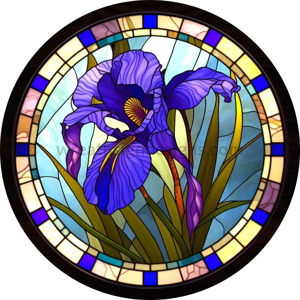 Stained Glass Iris- Round Metal Wreath Sign 6