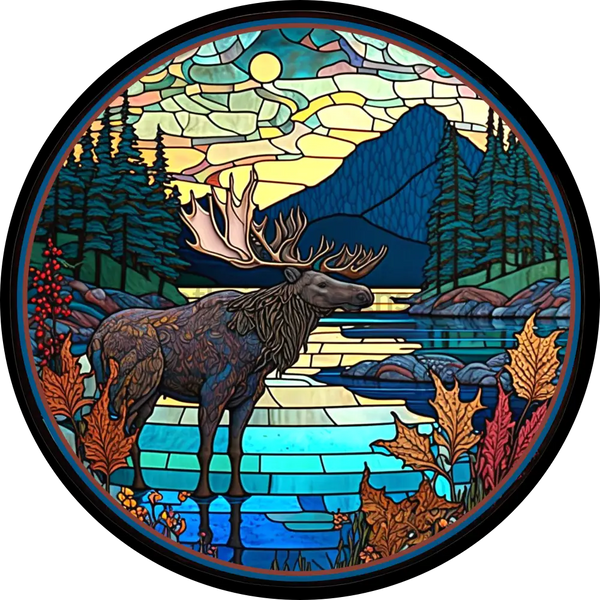 Stained Glass Moose- Round Metal Wreath Sign 6