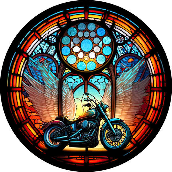Stained Glass Motorcycle- Round Metal Wreath Sign 6