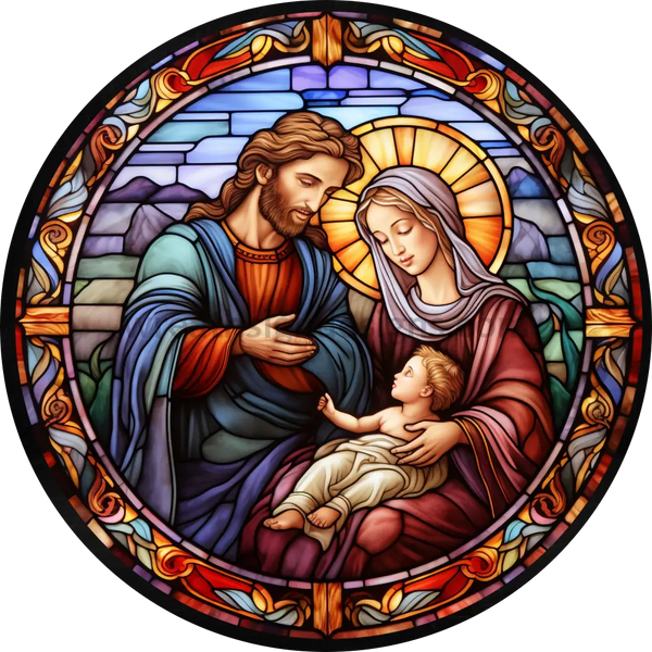 Stained Glass Nativity Holy Family Scene- Round Metal Christmas Sign 8 Circle