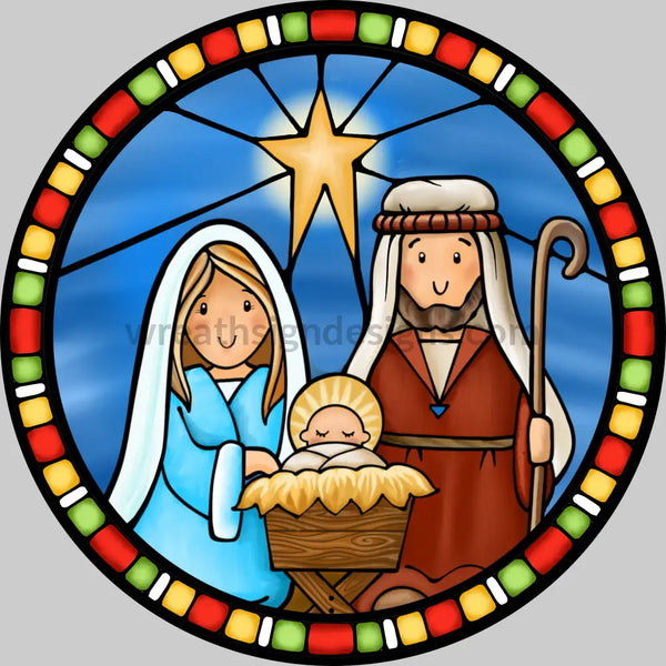 Stained Glass Nativity- Round Metal Christmas Sign 8 Circle