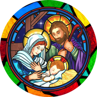 Stained Glass Nativity Scene- Round Metal Christmas Sign 8 Circle