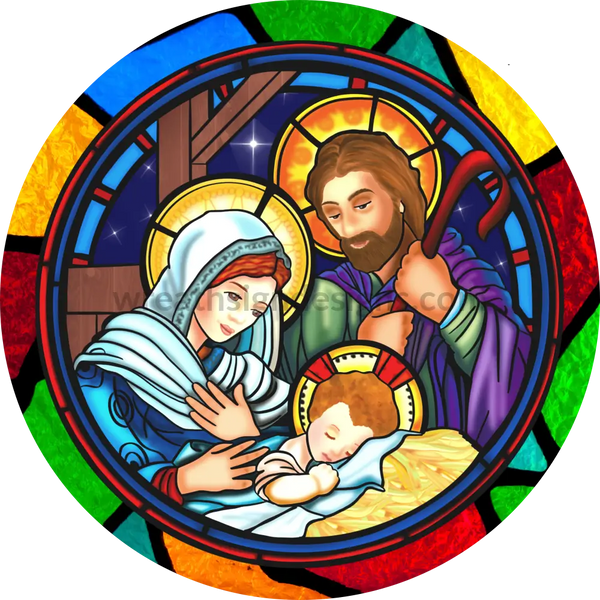Stained Glass Nativity Scene- Round Metal Christmas Sign 8 Circle