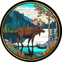 Stained Glass Northern Woods Moose- Round Metal Wreath Sign 10 Circle