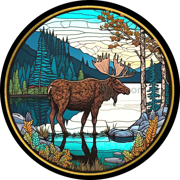 Stained Glass Northern Woods Moose- Round Metal Wreath Sign 6