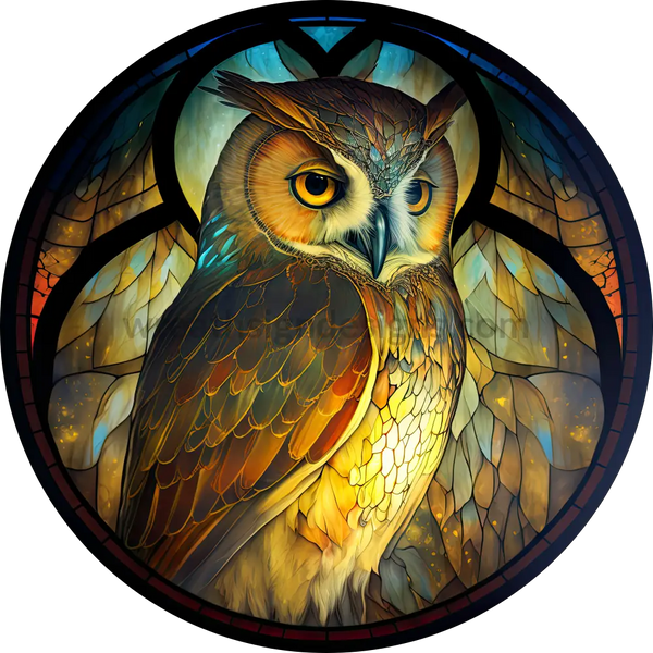 Stained Glass Owl- Round Metal Wreath Sign 6