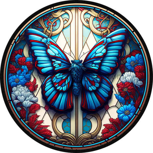 Stained Glass Patriotic Red White & Blue Butterfly- Round Metal Wreath Sign 8 Circle