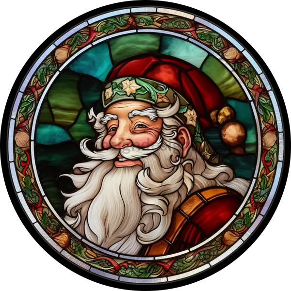Stained Glass Santa- Round Metal Christmas Sign 8 Circle