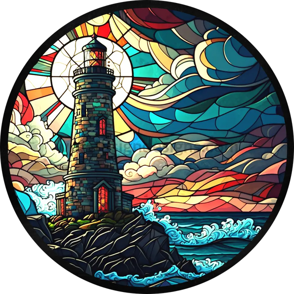 Stained Lighthouse- Round Metal Wreath Sign 6