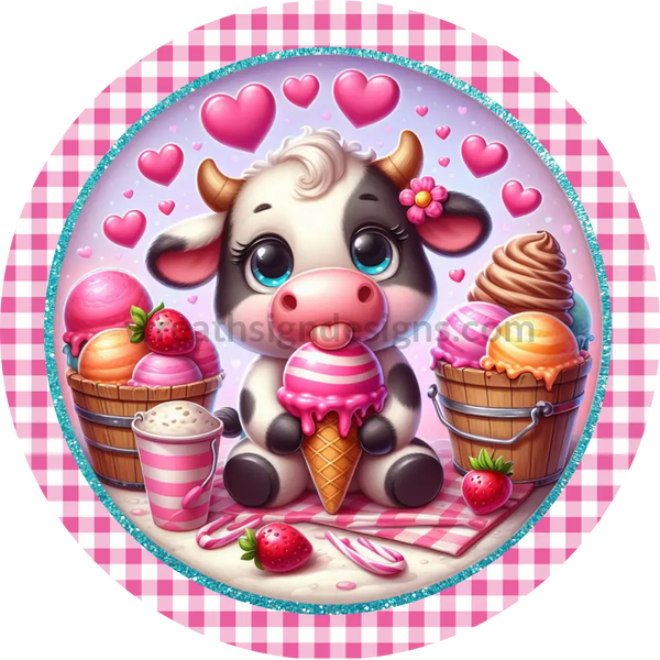 Summer Ice Cream Cow Pink-Round Valentine Wreath Sign 6