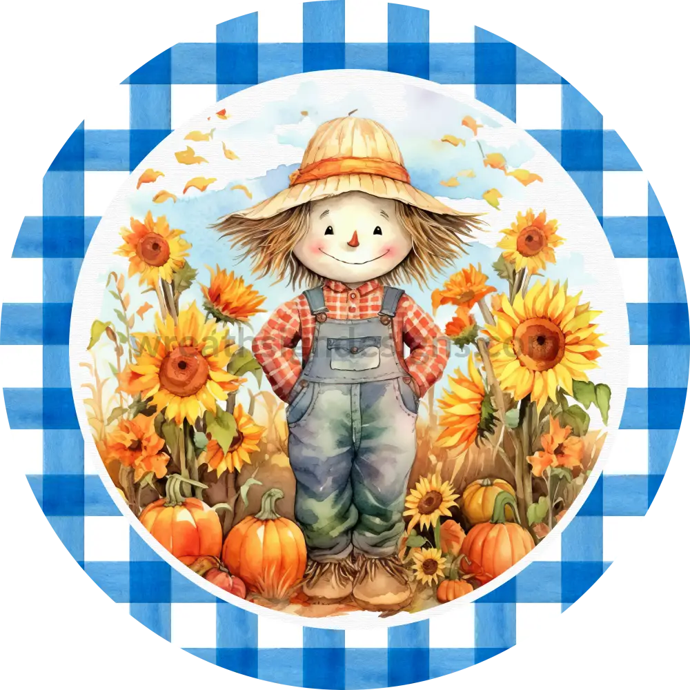 Sunflower Scarecrow Blue Plaid Fall Wreath Metal Sign 6