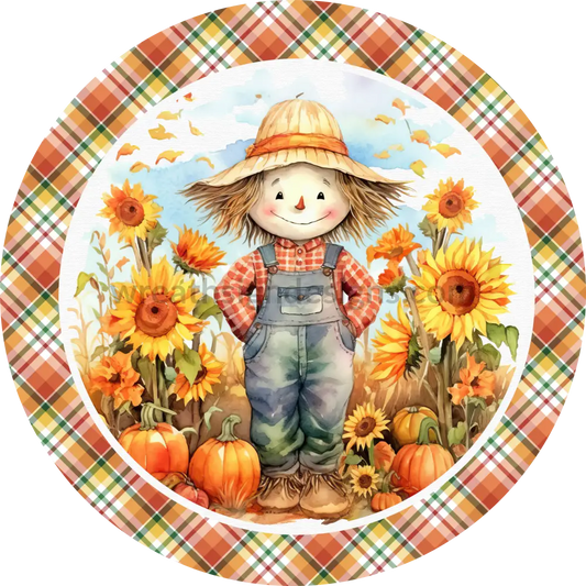 Sunflower Scarecrow Fall Plaid Wreath Metal Sign 6