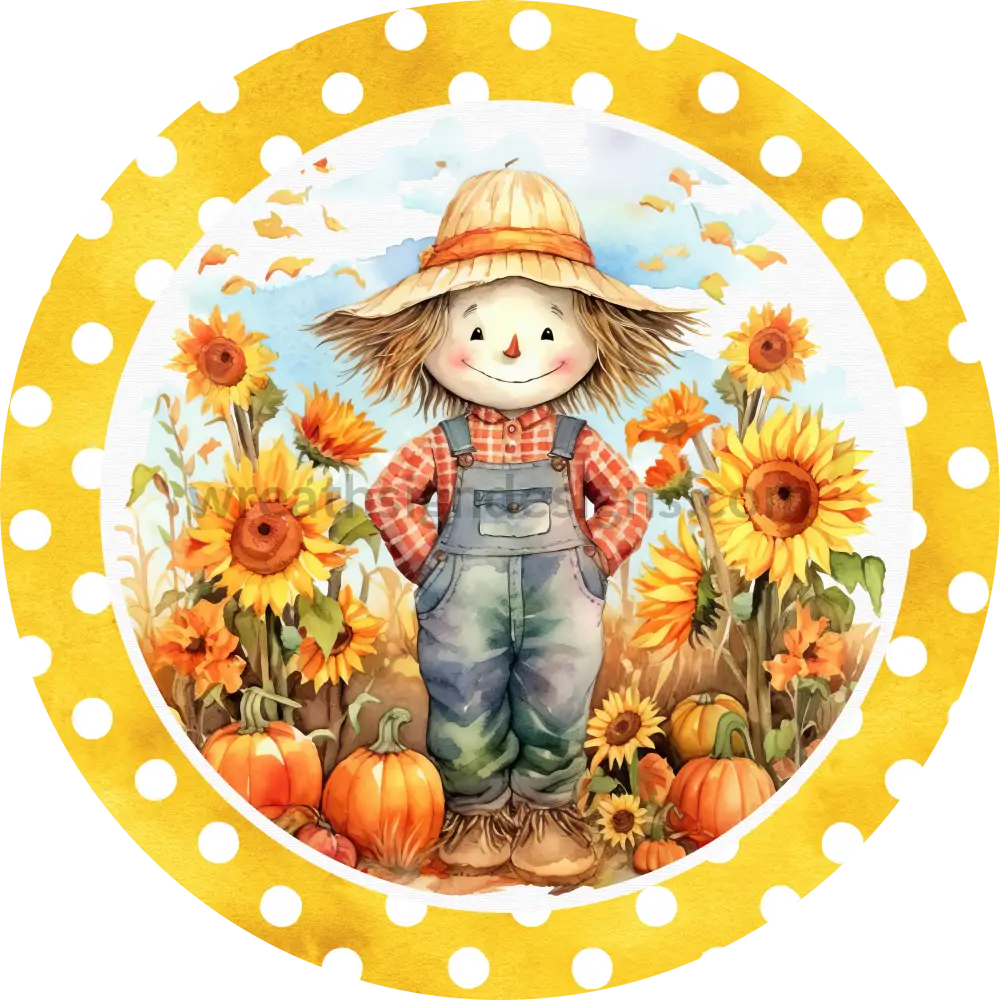 Sunflower Scarecrow Yellow Polka Dot Fall Wreath Metal Sign 8