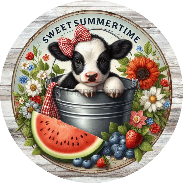 Sweet Summertime Baby Cow Strawberries Blueberries Watermelon Metal Wreath Sign 6’