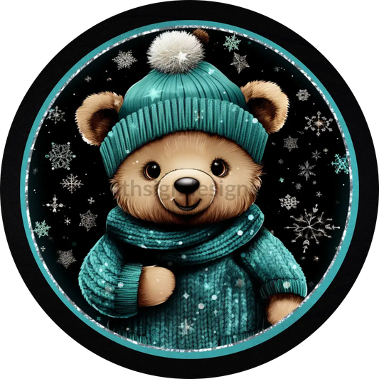 Teal And Silver Winter Teddy Bear Round Metal Wreath Sign 6 Decor