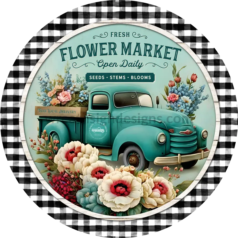 Teal Flower Market Vintage Truck Metal Sign 6