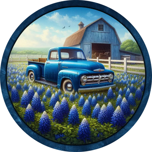 Texas Blue Bonnets Vintage Truck Round Wreath Sign 6